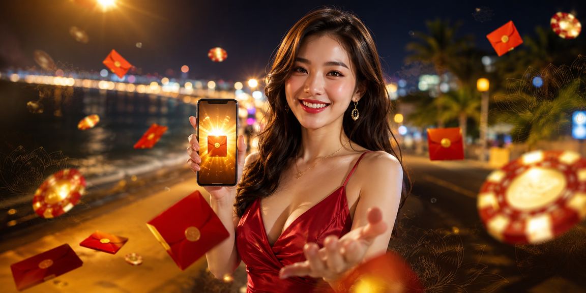 Người mẫu Việt Nam cầm phong bì đỏ biểu trưng cho tiền thưởng casino tại Phan Thiết
